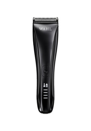 Black Wahl electric hair trimmer with stainless steel blades, power button, and LED indicator lights on a white background.