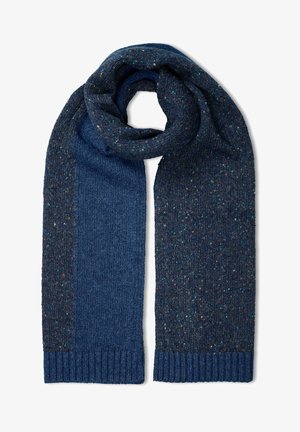 Écharpe tricotée bleu foncé avec un motif texturé, ornée de stries de diverses couleurs et de détails côtelés aux extrémités.