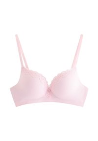 Ljust rosa ribbad bh med tunna justerbara band och vågig spetsdetalj längs övre kanten av kuporna.