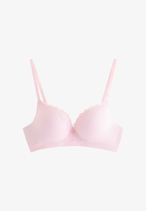 Reggiseno rosa chiaro a coste con spalline sottili regolabili e bordo in pizzo ondulato lungo il bordo superiore delle coppe.