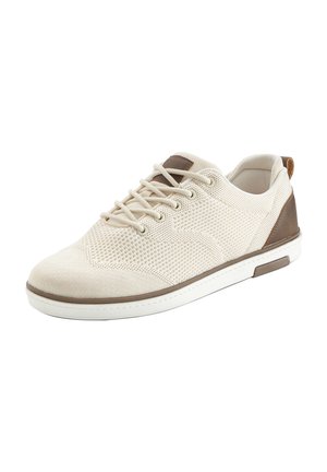 Beige knitted low-top sneaker with brown leather accents, beige laces, and a white rubber sole.