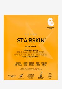 Verhelderende bio-cellulose gezichtsmasker verpakking in fel oranje. Voorzien van tekst in zwart en wit. Reisvriendelijk logo en aanduiding van made in Korea.