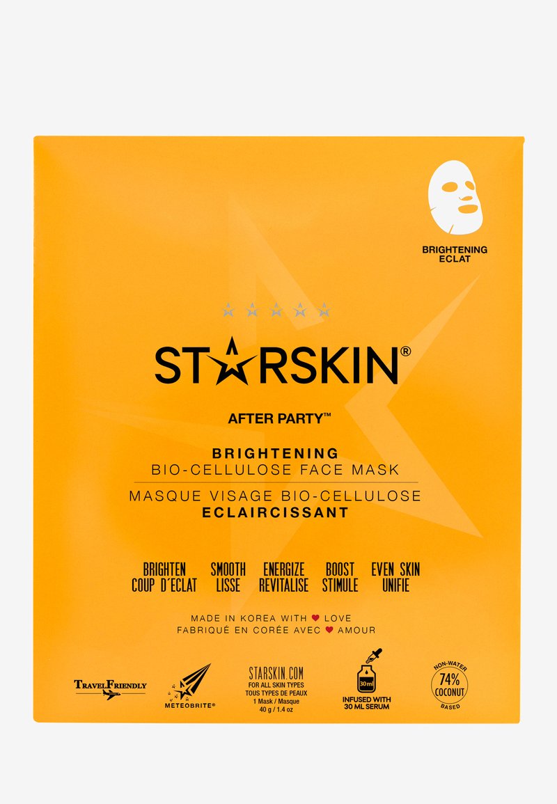 Verhelderende bio-cellulose gezichtsmasker verpakking in fel oranje. Voorzien van tekst in zwart en wit. Reisvriendelijk logo en aanduiding van made in Korea.