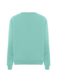 Felpa verde menta con scollatura a girocollo, maniche lunghe e polsini e orlo a coste. Tessuto liscio, design semplice, senza motivi o dettagli visibili.