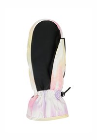 Dječje rukavice s višebojnom pastelnom vanjštinom i crnim, vodootpornim dlanom. Elastični manžet s vezicom za sigurno prianjanje.