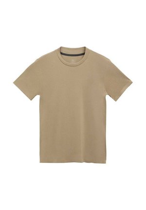 Beige T-Shirt mit kurzen Ärmeln aus Baumwolle, mit Rundhalsausschnitt, glatter Textur und ohne sichtbare Muster oder Beschläge.