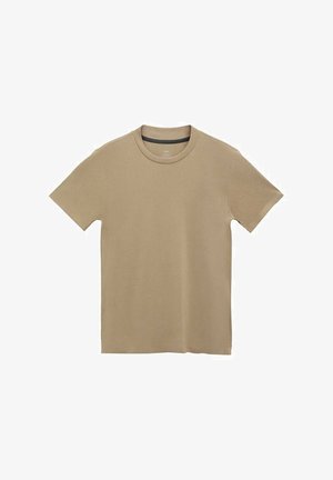 bež majica kratkih rukava od pamuka s okruglim izrezom, glatke teksture, bez vidljivih uzoraka ili dodataka.