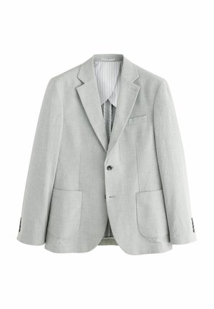 Blazer gris claro hecho de tejido texturizado, con solapa con muesca, dos bolsillos frontales y cierre de un solo botón.
