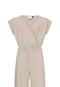 Beige wikkel jumpsuit met korte mouwen, elastische taille en een losse pasvorm. Gemaakt van textuurstof met subtiele borduursels.