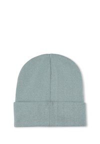 Light blue knitted beanie hat with a folded brim, featuring a smooth texture and a simple, seamless design.
