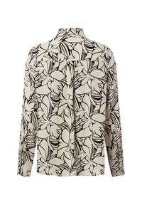 Camicia a maniche lunghe in un tessuto leggero color crema con motivo floreale nero. I dettagli principali includono un colletto classico e polsini con bottoni.