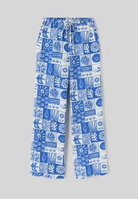 Un pantalon bleu et blanc à motifs avec une taille élastique, présentant divers graphiques d'éléments de la nature sur un fond clair.