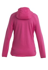 Sweat à capuche rose vif à manches longues avec une silhouette ajustée, coutures visibles sur les manches et une capuche vue de dos.