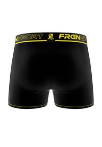 Boxers noirs avec une ceinture jaune arborant la marque "FRGNSPORT". Matière lisse, design ajusté, détail de couture contrastant.