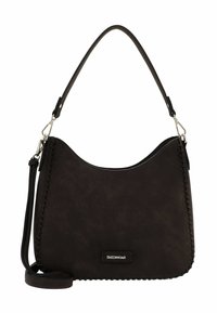 Black suede shoulder bag with a curved shape, braided stitching detail along the edge, and a leather strap with metal hardware accents.