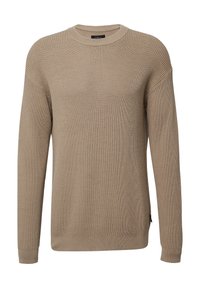 Beige gestrickter Pullover mit Rundhalsausschnitt, gerippter Textur und langen Ärmeln. Hat eine leicht lockere Passform und seitliche Schlitze am Saum.