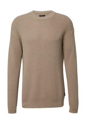 Pull en tricot beige avec un col rond, texture côtelée et manches longues. Présente une coupe légèrement décontractée et des fentes sur les côtés à l'ourlet.