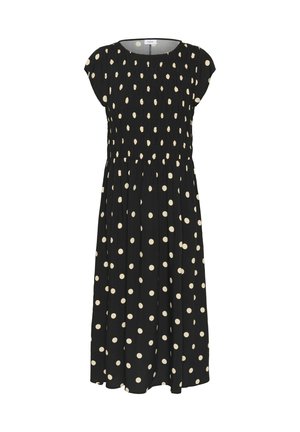 Black dress with white polka dots, short cap sleeves, smocked bodice, flowing skirt. Made from lightweight fabric, knee-length design.
