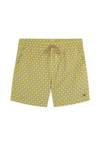 Shorts de înot galbene cu un model geometric, talie cu șnur și un detaliu cu logo la margine. Materialul pare ușor și se usucă repede.