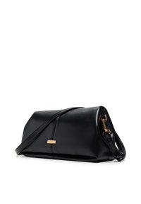 Black leather clutch bag with a polished finish, featuring a gold hardware accent and a long shoulder strap for versatile carrying.