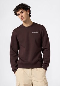 Giovane con capelli ricci che indossa una felpa Champion marrone scuro e pantaloni cargo beige, in piedi con le mani in tasca su uno sfondo bianco.