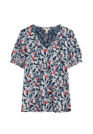 Kwiatowa bluzka w kolorze granatowym z czerwonymi i białymi kwiatami. Posiada dekolt w kształcie litery V oraz krótkie, bufiaste rękawy z marszczeniami. Wykonana jest z lekkiego materiału.