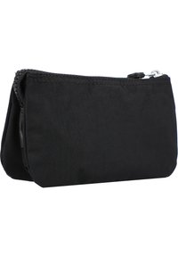 Sacchetto di tessuto nero con chiusura a zip, forma rettangolare, superficie texturizzata e bordi cuciti. Adatto per contenere piccoli oggetti o accessori.
