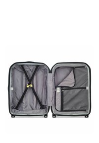 Valigia rigida con esterno nero, interno grigio, più scomparti, tasche in rete e cinghie regolabili per un confezionamento sicuro.