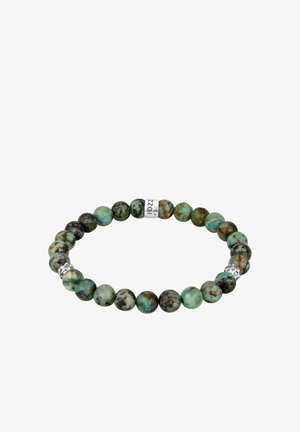 Perlenarmband mit runden, mehrfarbigen Steinen in Grün- und Brauntönen, mit dekorativen Silberakzenten. Elastisches Design.