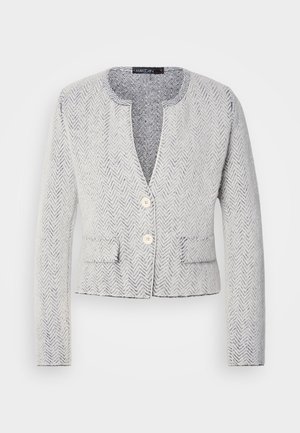 Light gray, herringbone-patterned cardigan with a V-neck, two front pockets, and two buttons; fabric has a soft, textured finish.