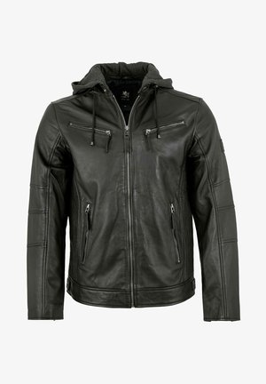 Schwarze Lederjacke mit grauem Kapuzen, ausgestattet mit zwei Reißverschlusstaschen auf der Brust, zwei seitlichen Reißverschlusstaschen und strukturierten Schulterdetails.
