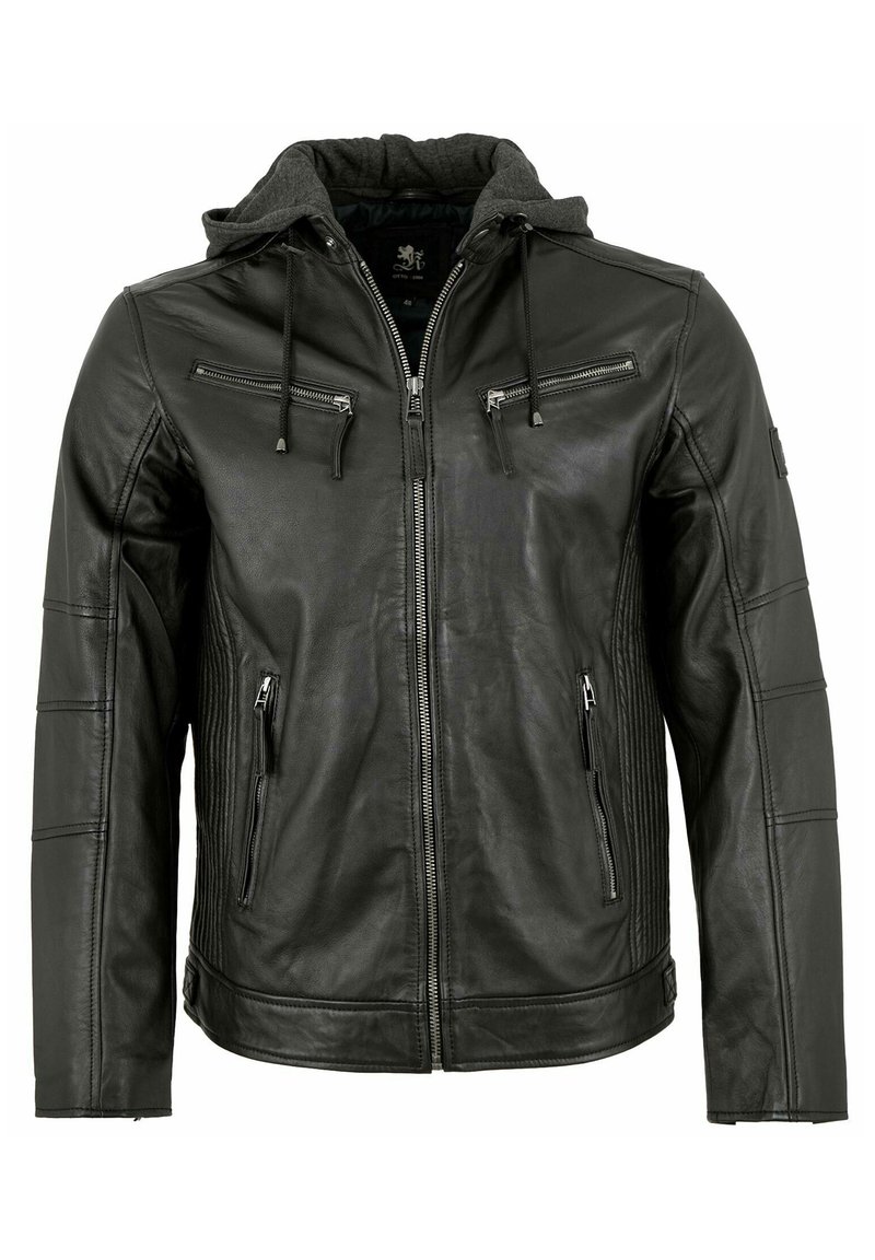 Schwarze Lederjacke mit grauem Kapuzen, ausgestattet mit zwei Reißverschlusstaschen auf der Brust, zwei seitlichen Reißverschlusstaschen und strukturierten Schulterdetails.