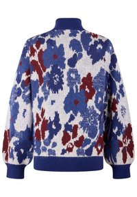 Pletený svetr s květinovým vzorem v modré, červené a bílé barvě. Vysoký límec, spadlá ramena a patentované manžety a lemy.