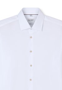 White button-up dress shirt with spread collar, beige buttons, and "OLYMP Level Five Body Fit" label inside collar.