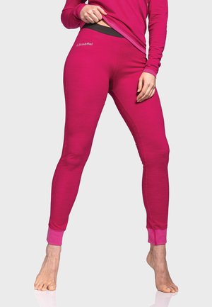 Fuchsia leggings made from soft, stretchy fabric. Featuring a black waistband and contrasting pink cuffs, designed for comfort and mobility.