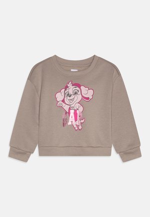 Későbbi pamut pulcsi, amelyen egy rózsaszín és fekete mesefigura kutya grafika található, alatta csillogó "APU" felirattal. Bordázott mandzsetták és szegély.