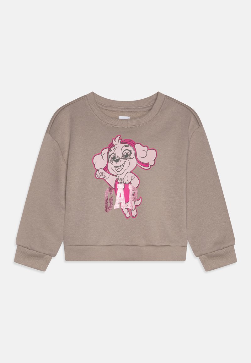 Beige bomullssweatshirt med et tegneseriehundemotiv i rosa og svart, med glitrende "DAD"-tekst nedenfor. Ribbet mansjetter og hem.