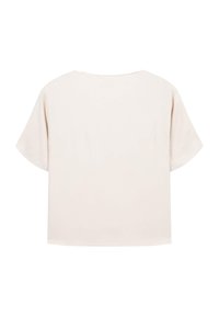 Blusa a maniche corte di colore blush con scollo rotondo e vestibilità rilassata, realizzata in tessuto morbido e liscio, senza decorazioni.