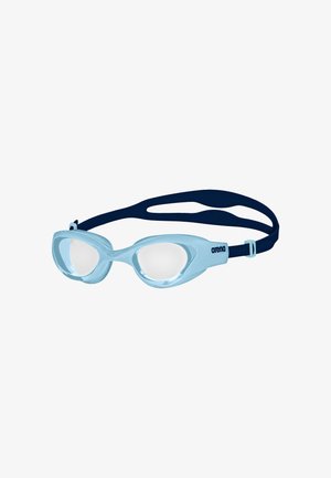 Akva modré plavecké brýle s průhlednými čočkami, měkkým silikonovým rámečkem, nastavitelným námořnickým popruhem a textura na bocích pro lepší úchop.