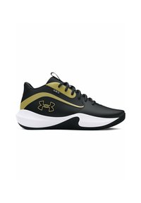 Black athletic shoe with a smooth synthetic upper, gold accents, lace-up design, and a white midsole. Features a textured black rubber outsole.