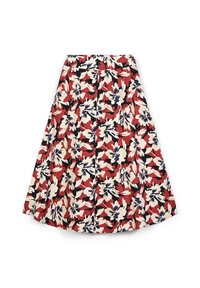 Gonna midi floreale con cintura elastica. Presenta una palette di colori rosso, blu navale e crema con grandi motivi di ibisco su sfondo nero.