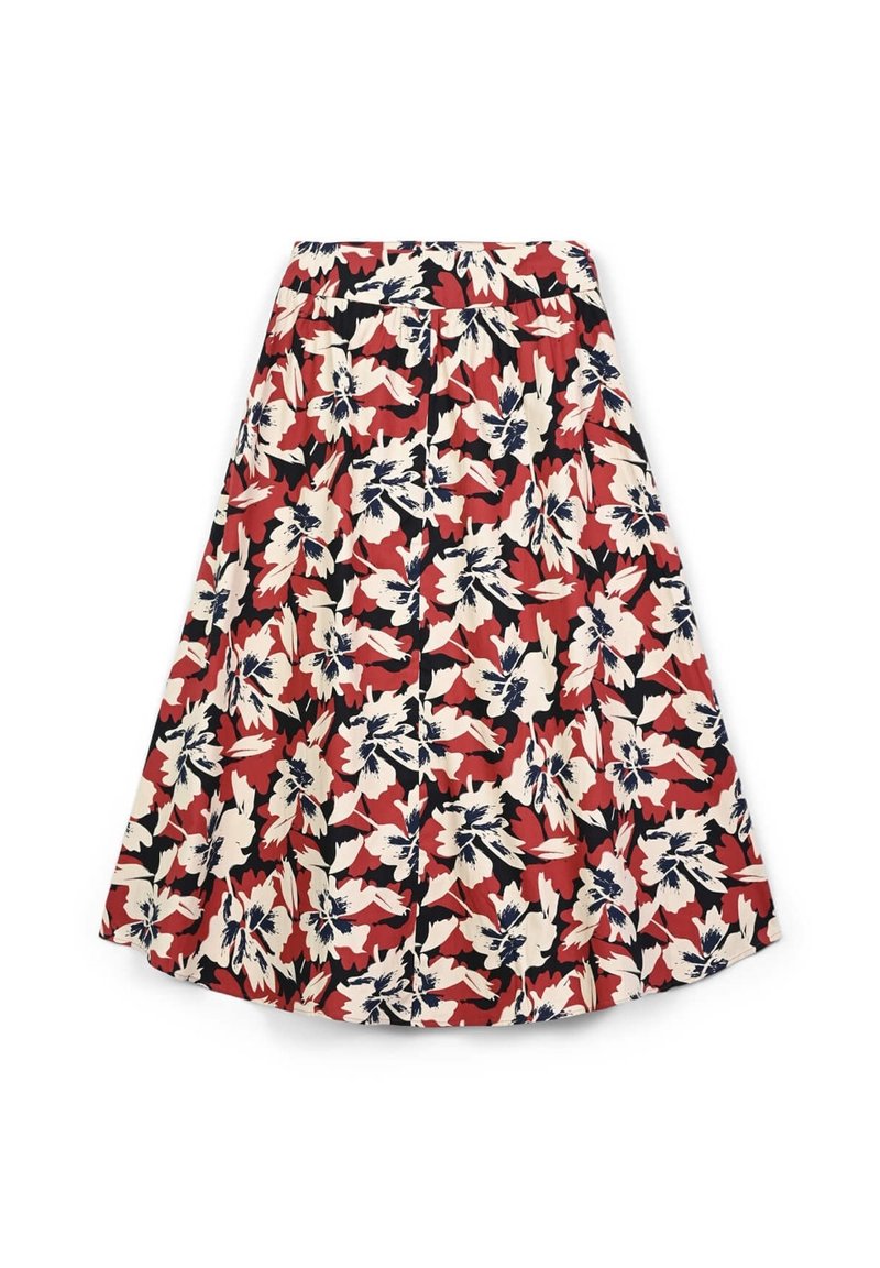 Gonna midi floreale con cintura elastica. Presenta una palette di colori rosso, blu navale e crema con grandi motivi di ibisco su sfondo nero.