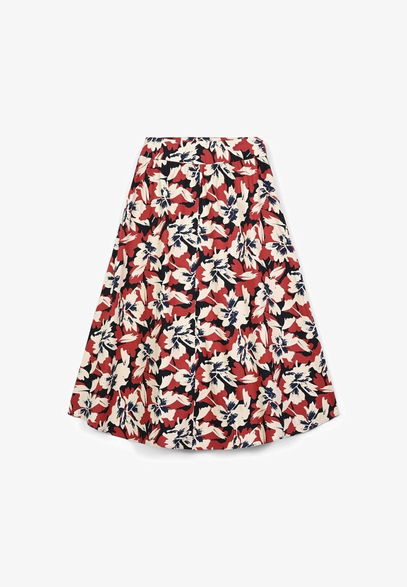 Floral midi skirt with an elastic waistband. Features a red, navy, and cream color palette with large hibiscus patterns on a black background.