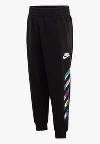 Pantalones de chándal Nike negros con cinturilla elástica, pierna ajustada y acentos de colores en patrones a los lados. Presenta un logo de Nike en blanco.