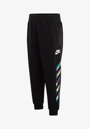 Pantaloni da tuta Nike neri con elastico in vita, gamba affusolata e accenti colorati a fantasia lungo il lato. Presentano un logo Nike bianco.