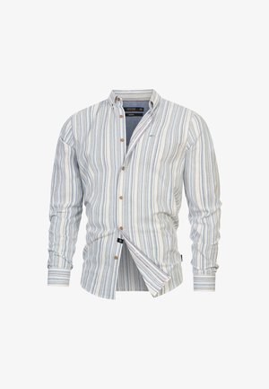 Koszula zapinana na guziki w poziome paski z lekkiego materiału w niebieskie i beżowe pionowe paski. Ma kołnierzyk, drewniane guziki oraz zaokrąglony dół.