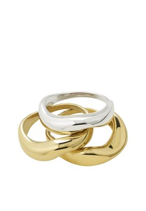 Kolm ümarat ja sujuvat metallist rõngast on omavahel põimitud; kaks kuldset ja üks hõbedane, valgel taustal.