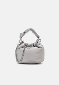Gray satin handbag with twisted fabric handle, chain strap, and logo accent. Soft, rounded shape with gathered top detail.