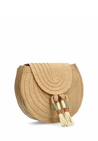 Borsa a tracolla in paglia intrecciata di colore naturale, caratterizzata da un design testurizzato e a strati con tre nappine nei toni beige, verde e ruggine.