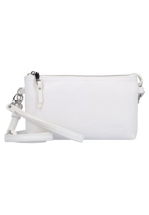 Borsa a pochette in pelle bianca con chiusura a zip, tracolla regolabile e accessori in argento. Presenta una texture liscia e logo in rilievo.